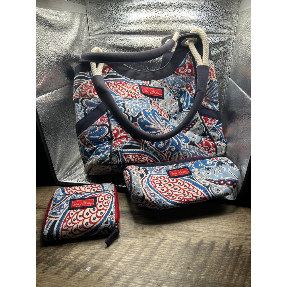 Vera Bradley Symbol Paisley 3pc Set Tote Bag Wallet Cosmetic Pouch